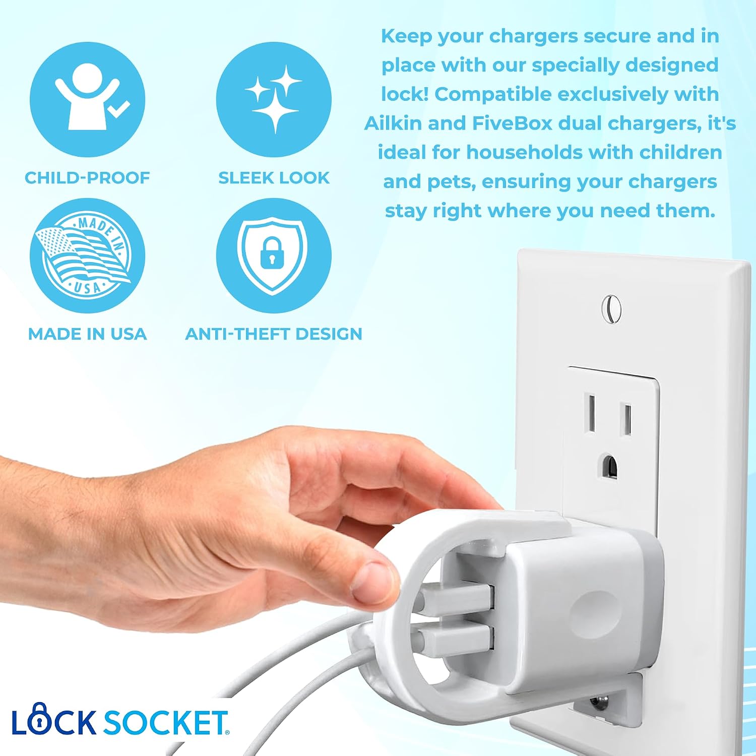 Lock Socket Charger Lock for Ailkin Dual, FiveBox Chargers Anti-Theft & Tug-ProofChild-Safe Charger Lock System A Safety Device to Lock Your Charger to Wall Plate via Security Screw. Made in USA image 3