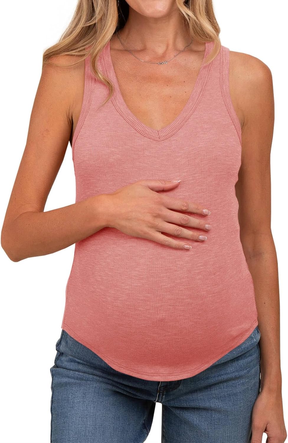 Tankaneo Womens Maternity Tank Tops Sleeveless V Neck Ribbed Knit Shirts Fitted Summer Casual Curved Hem Pregnancy Clothes