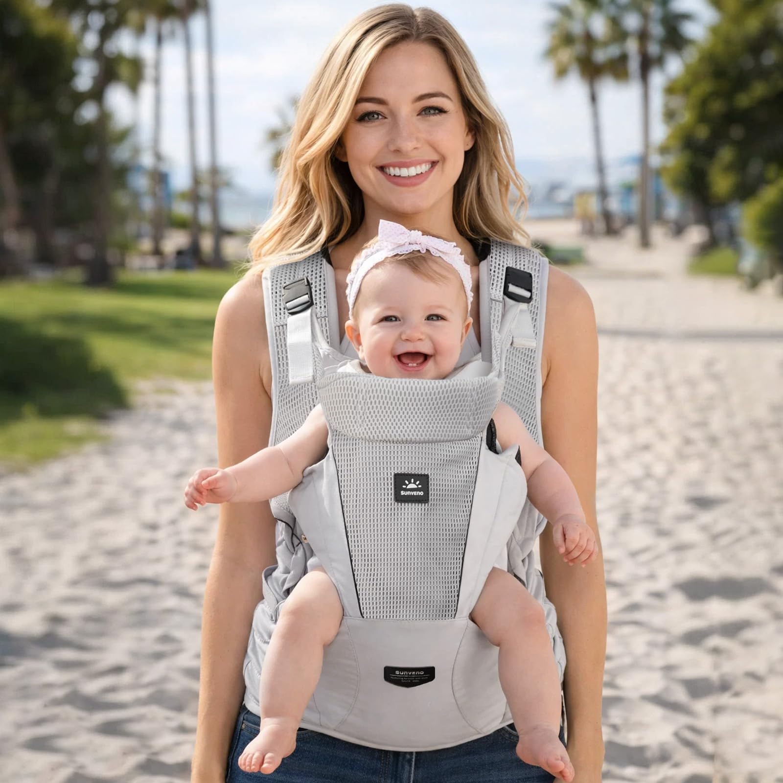 SUNVENO Portabebés para recién nacidos a niños pequeños – Portabebés de malla transpirable certificado CPC, soporta 7-45 libras para transporte delantero y trasero con cintura ajustable, para todas