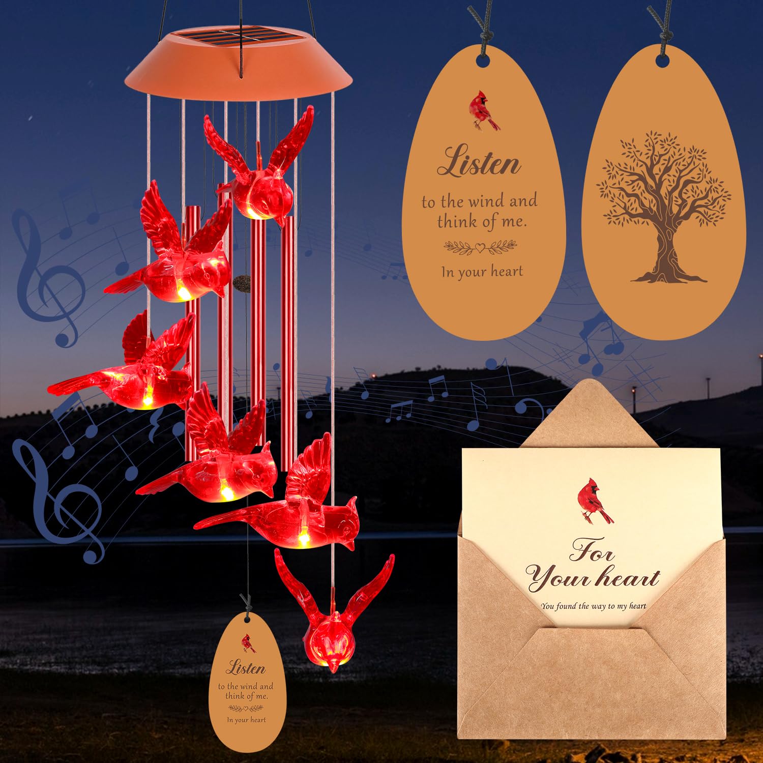 SawowkuyaCardinal Wind Chimes Solar Windchimes Outdoor, Cardinal Wind Chimes for Outside Gifts for Women Mom Grandma, Outdoor Christmas Birthday Cardinal Gifts Memorial Gifts Home Garden Decorations