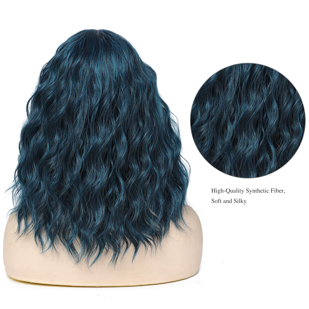 BUYOGET Medium Short Wig Wavy Bob Wig Realistic Natural Lace Front Scalp Adjustable Synthetic Shoulder Length Curly Wigs for Women Blue - Image 3