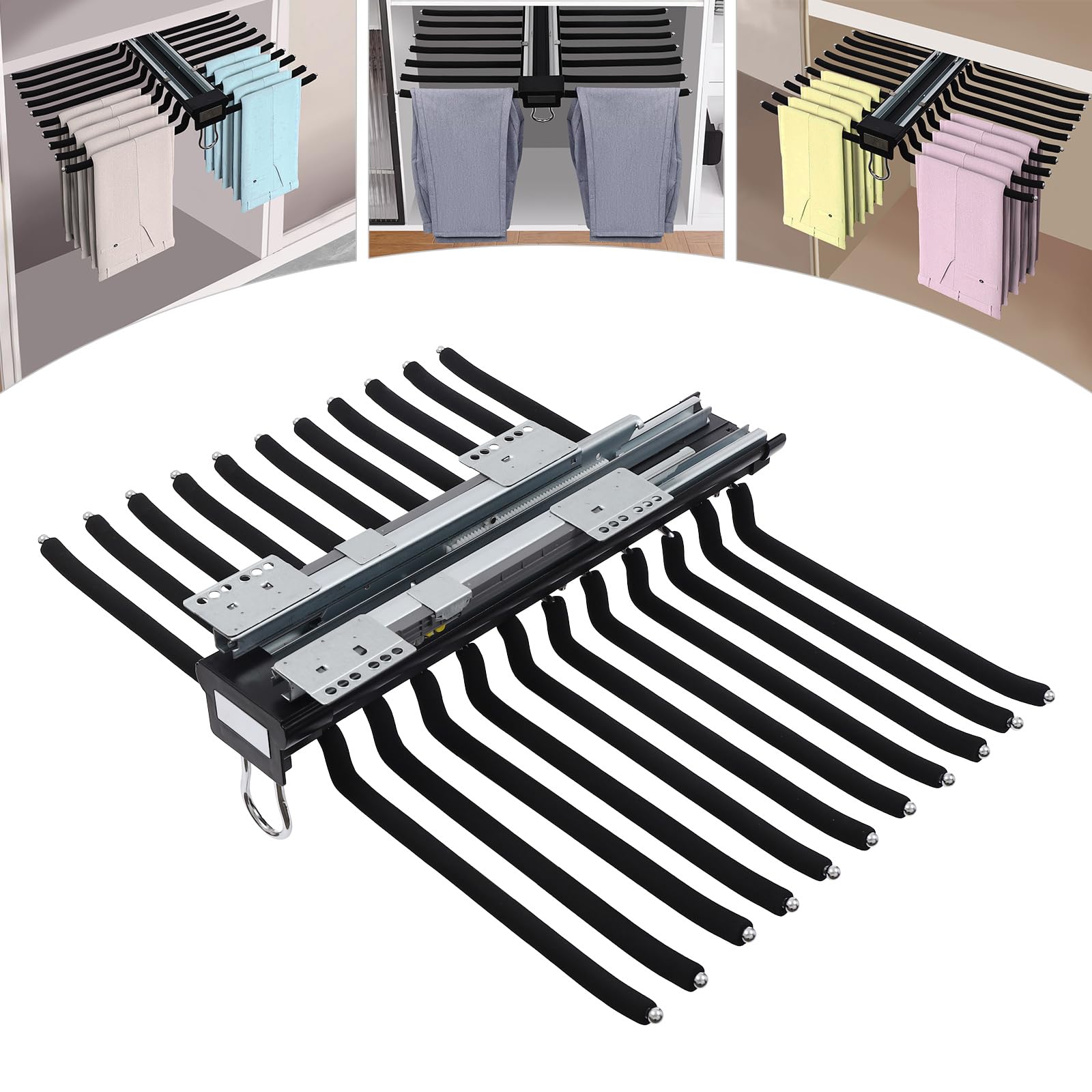 Percha para pantalones extensible, multifuncional con 22 brazos, extensión para pantalones, extensible, ahorra espacio, con capacidad de carga de 15 kg (negro)