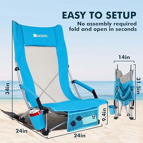 Miniatura 2 de AKSOUL Silla de playa plegable para adultos sillas de respaldo bajoalto con bolsa de transporte - Silla de asiento extra ancha con cómoda almohada y