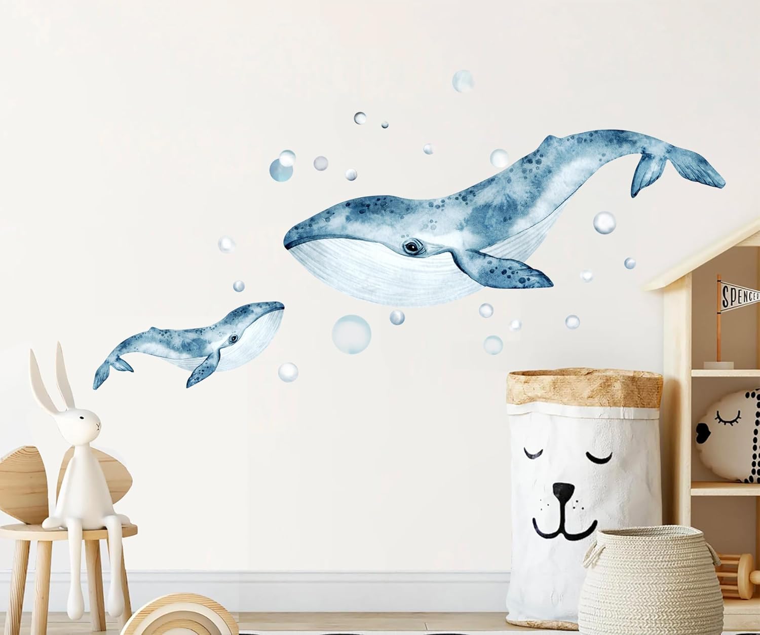 Watercolor Blue Whale Mom with Baby Wall Decal - Removable Peel-and-Stick Reusable Fabric Art for Ocean-Themed Nursery and Kids' Room Decor (Extra Large)