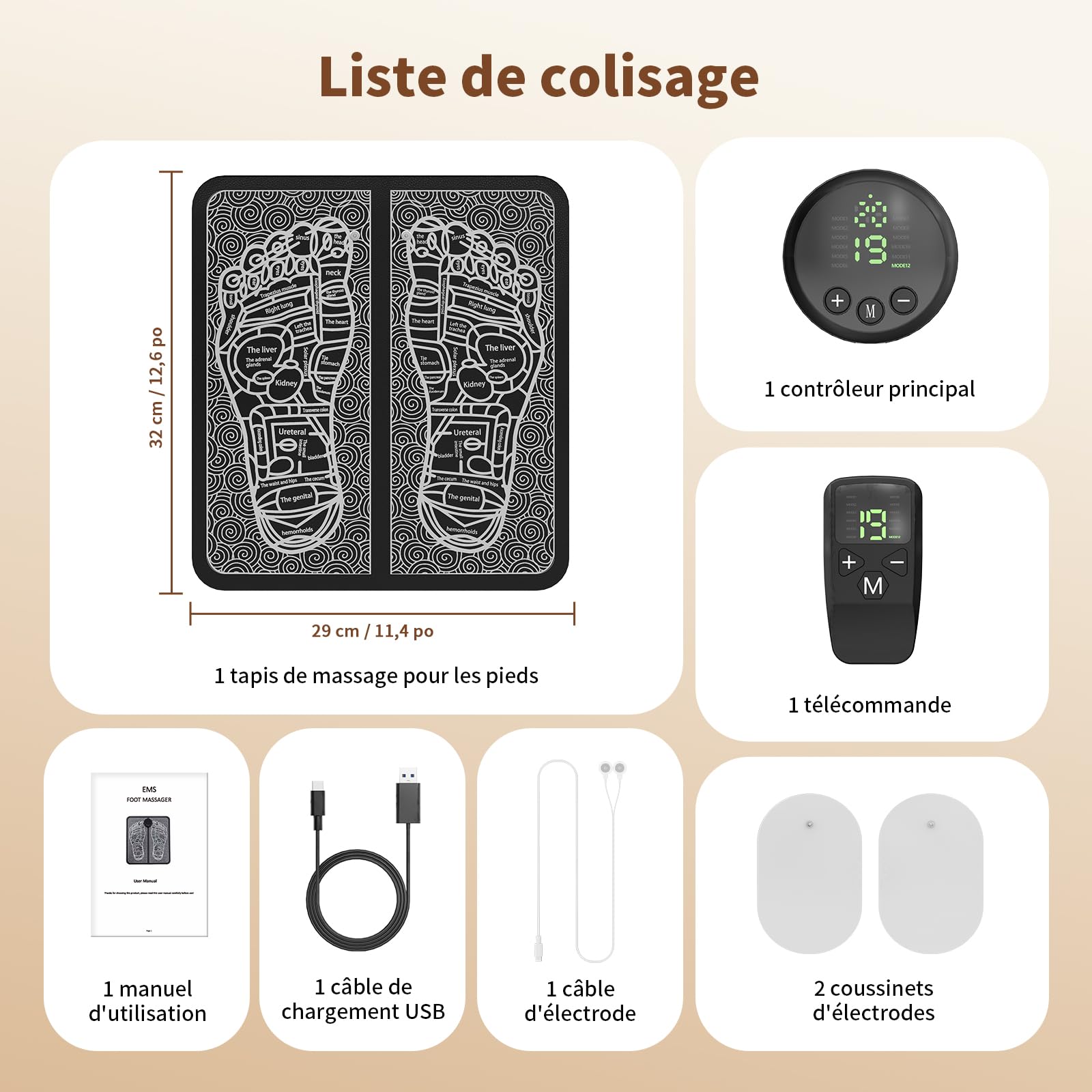 Masseur Plantaire EMS, Tapis de Massage des Pieds pour la Circulation Sanguine et le Soulagement de la Douleur, 12 Modes et 19 Niveaux d'Intensité pour une Activation Musculaire Profonde