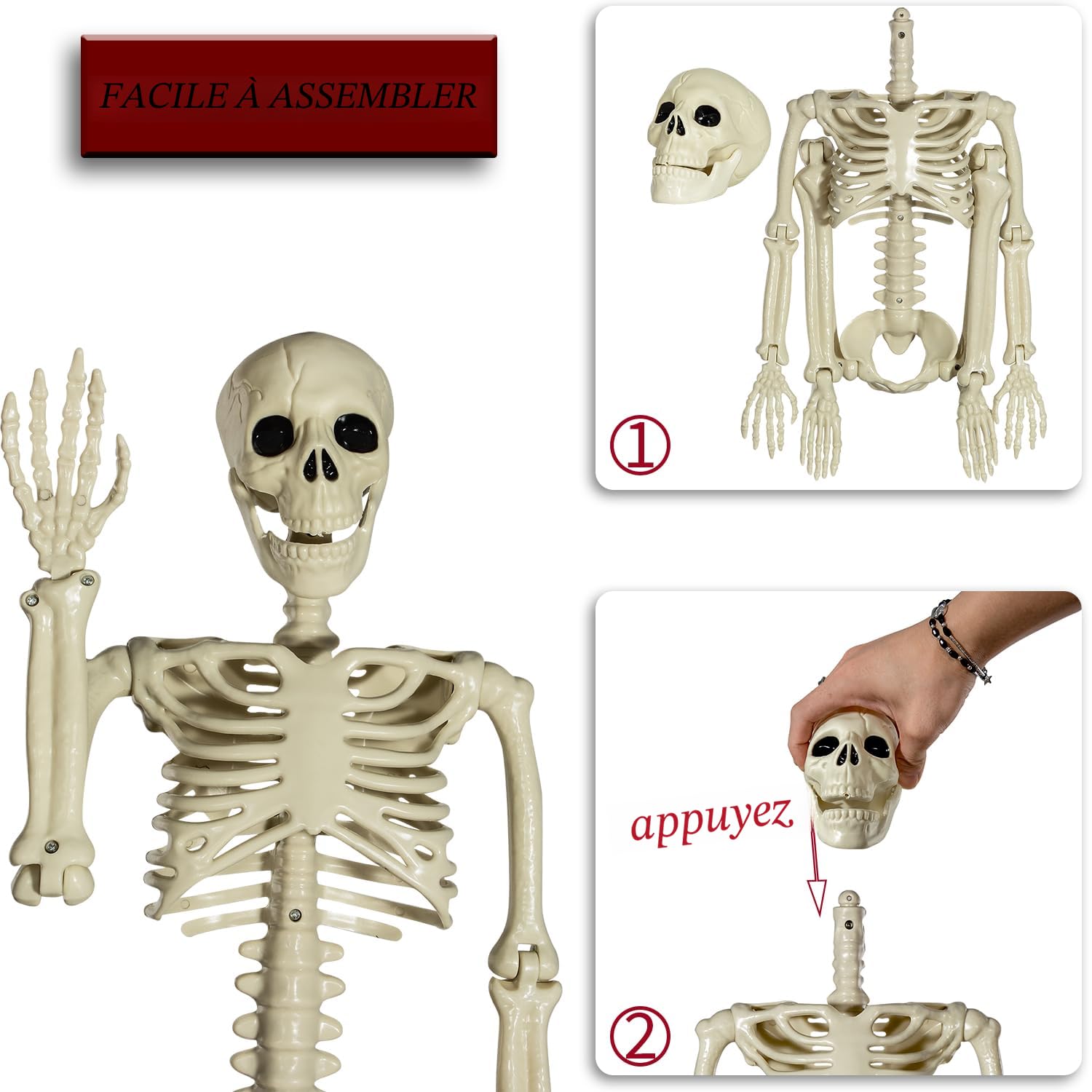 Makamsui Squelette grandeur nature de 165 cm - Squelette articulé pour Halloween - Os humains avec articulations mobiles - Décoration d'intérieur ou d'extérieur - Yeux LED
