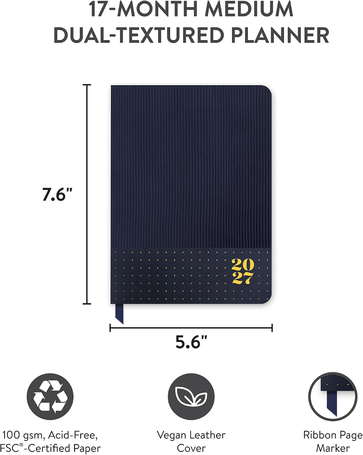 2027 Weekly Monthly Medium Dual-Textured Planner, 17-Months, Dots on Navy image 3