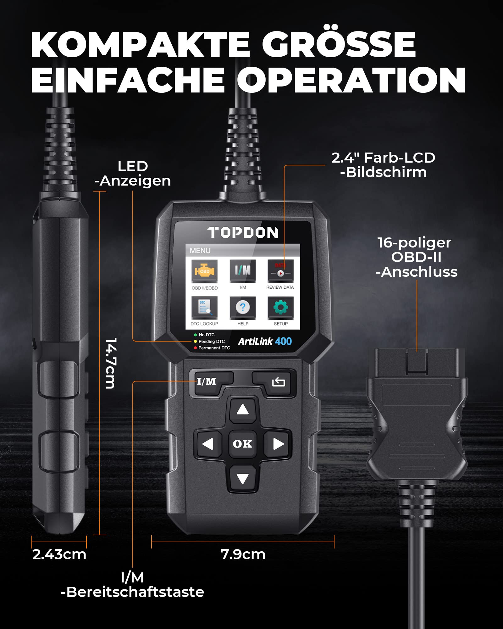 TOPDON AL400 OBD2 Diagnosegerät, 10 OBD2 Modi, One Touch I/M Bereitschaftstaste, 2,4 Zoll TFT Farbbildschirm, für EU Autos ab Baujahr 2000, lebenslange Updates