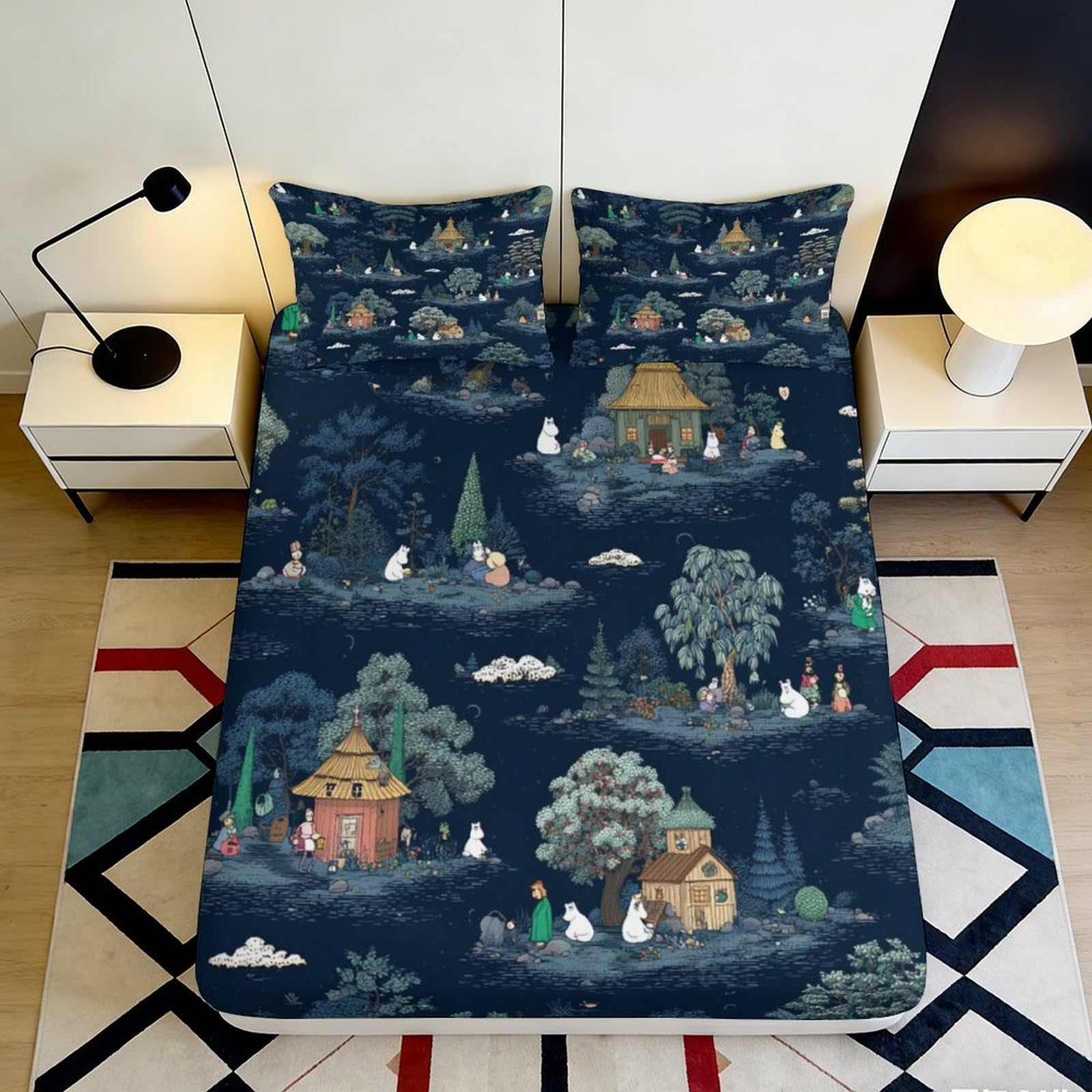 3D Printed Fantasy Forest Fitted Sheet Microfiber Soft Breathable Cartoon Village Bed Cover for Bedroom Dormitory Guest Room Mattress Protection 140x200x25cm