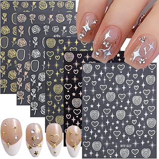 6 Sheets Gold Nail Art Stickers Decals 3D Self-Adhesive Retro Rose Flower Star Heart Nail Stickers Glitter Metallic Silver Rose Gold Nail Designs Nail Foil Decals for Women Girls Manicure Decorations