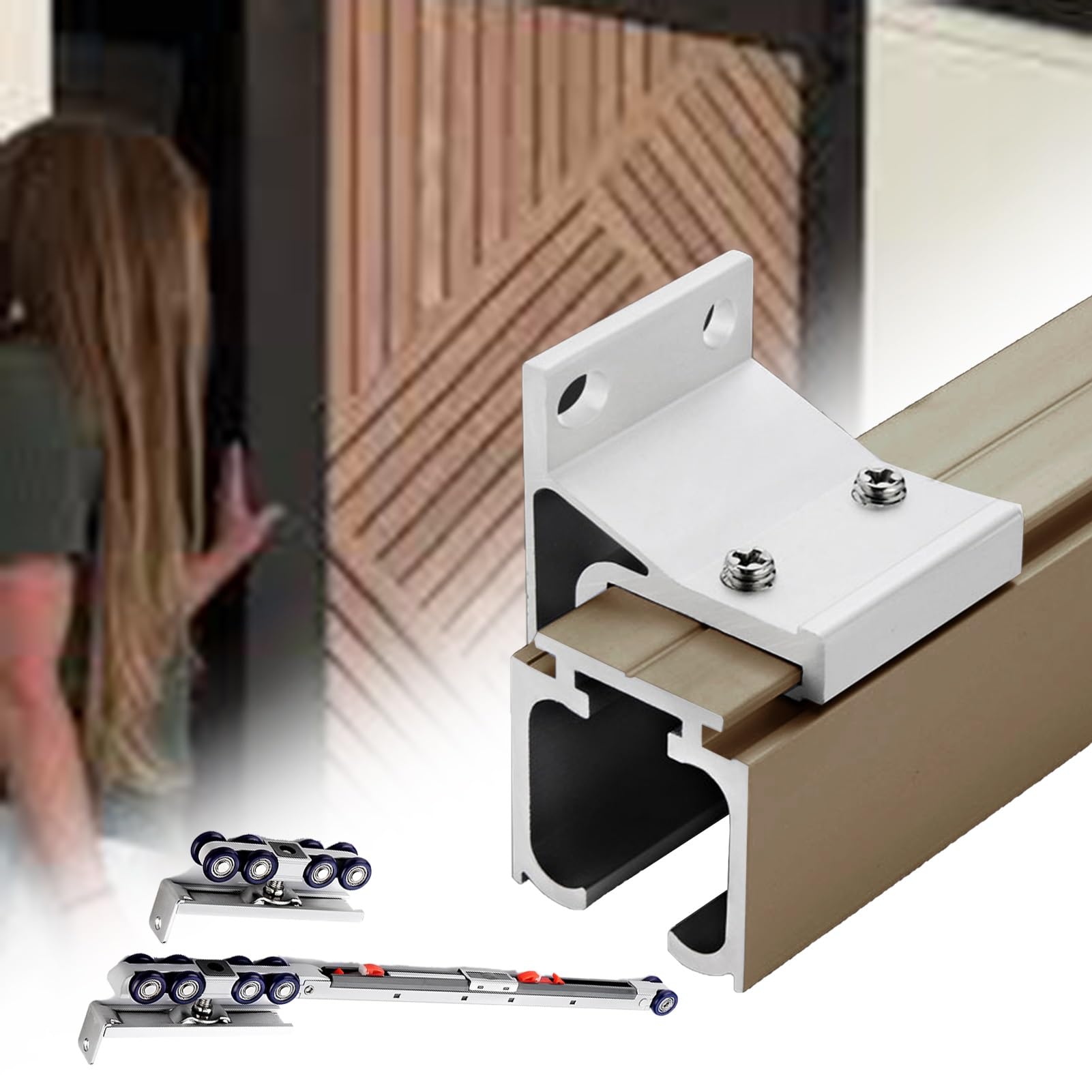 Sliding Door Track, Soft Close Wall Mount Barn Door Hardware Kit Heavy Duty Aluminum Track Rollers(Champagne,39in/99.1cm)