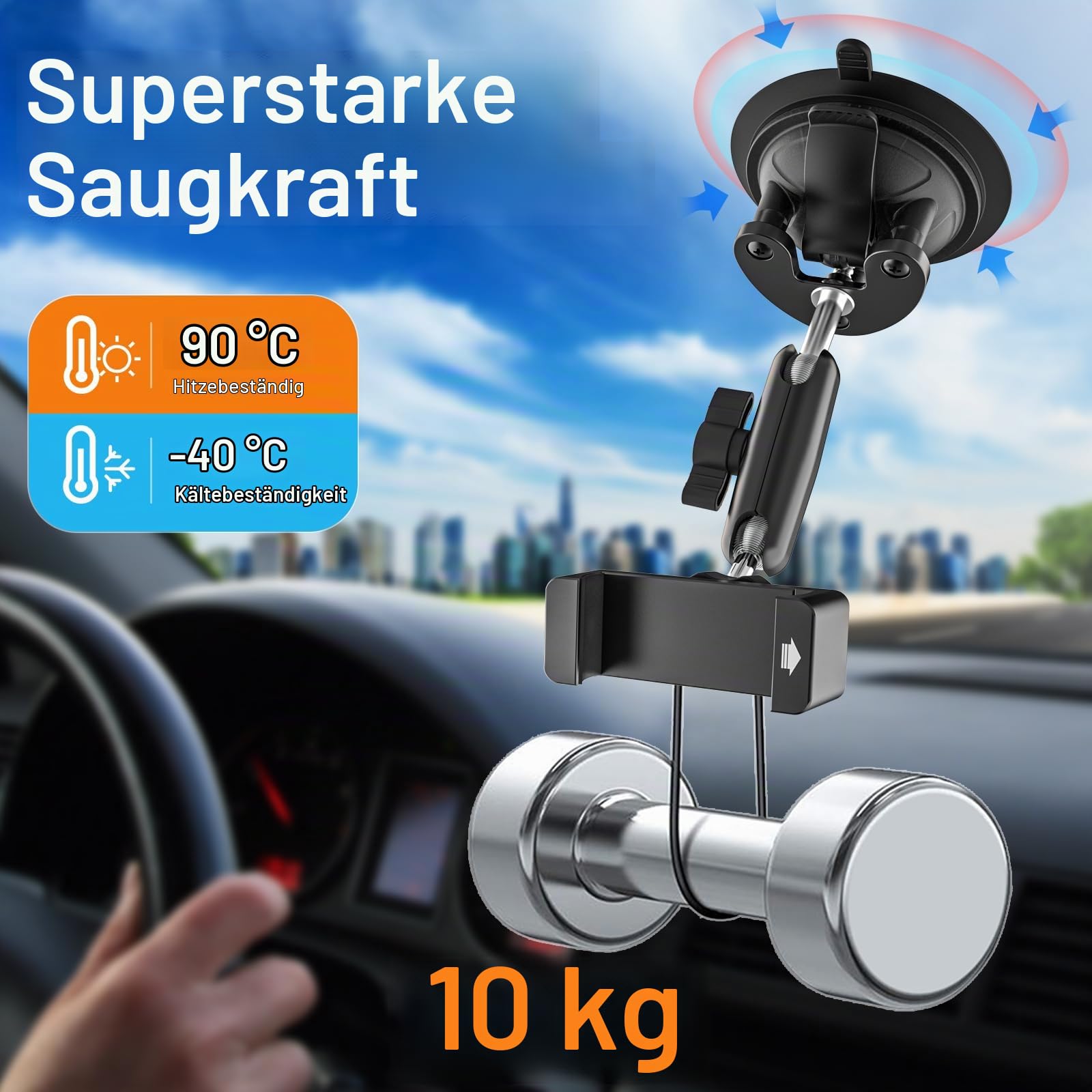 Auto/Traktor Handyhalterung Metall [Verstellbare Aluminium Arm] Armaturenbrett Windschutzscheibe Fenster Autohalterung Vorne mit Saugnapf für alle Handys, iPhone 17, 16, 15 Pro Max, usw
