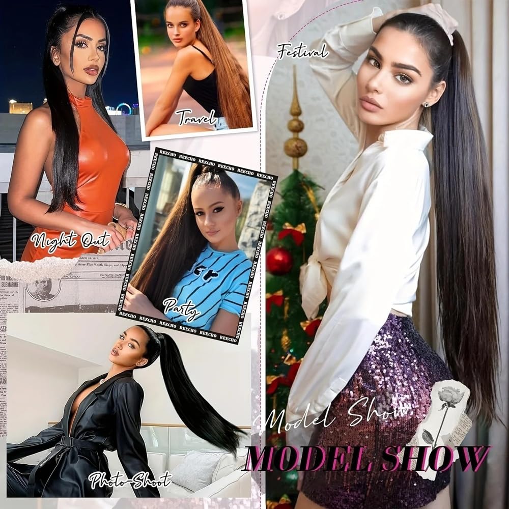 Extensión de cola de caballo Extensiones de cola de caballo con cordón de cola de caballo de pelo largo y liso de 10-26 pulgadas Clip de cabello humano brasileño negro Natural en postizos de cola de c