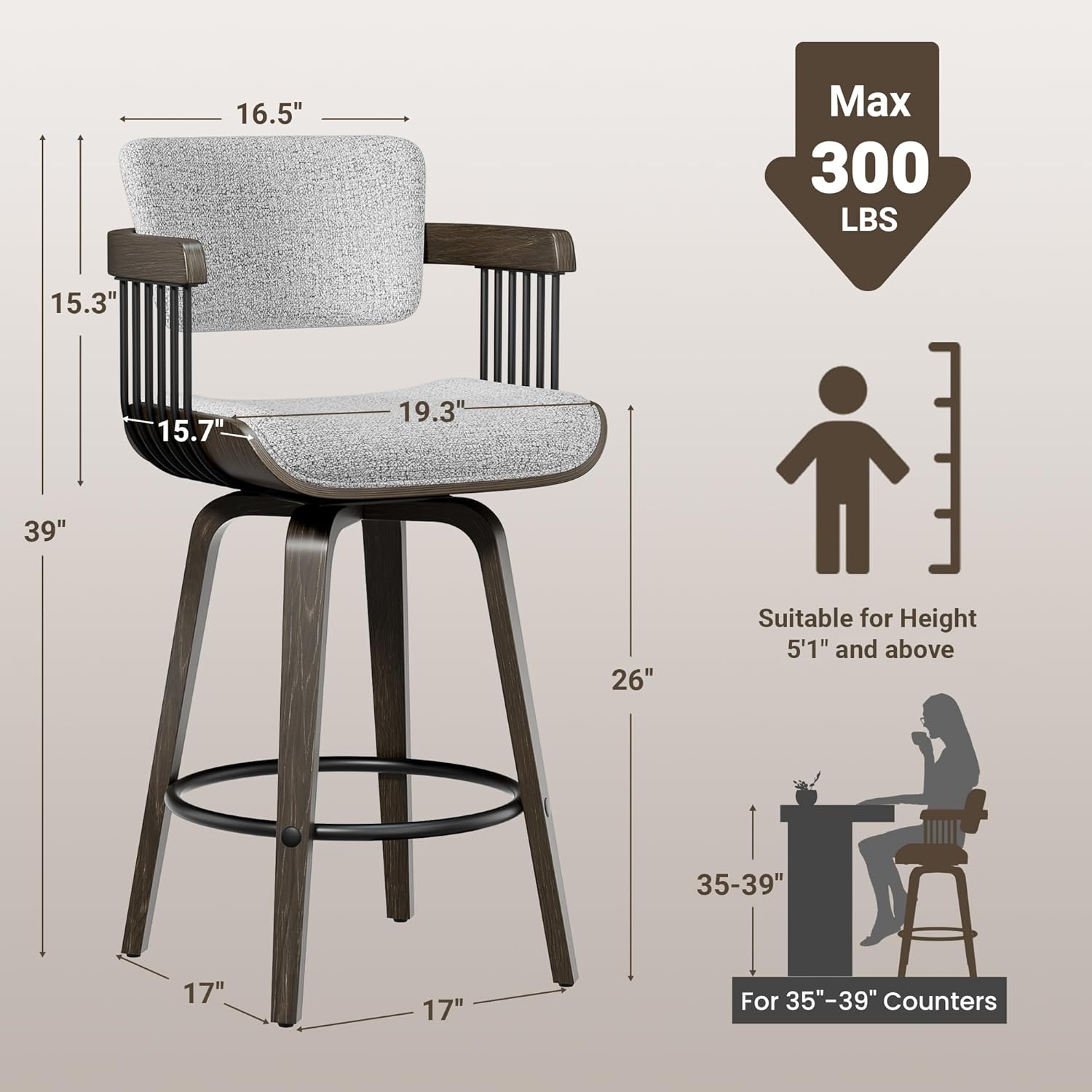 YaFiti Swivel Counter Height Bar Stools Set of 2, 26 Inch Mid Century Modern Bentwood Barstools with Padded Back and Wood Legs, Linen-Weave Fabric Kitchen Island Chairs with Arms, Light Gray