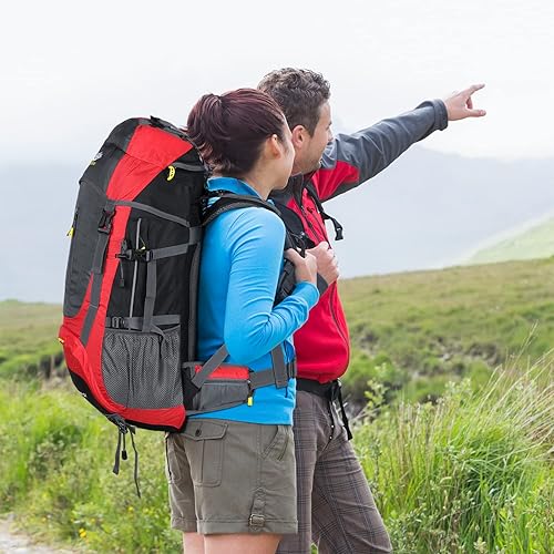 Miniatura 4 de 70L senderismo mochila camping mochila mochilero, montañismo mochila con cubierta de lluvia 65L+5L, Rojo -, Mochilas de viaje