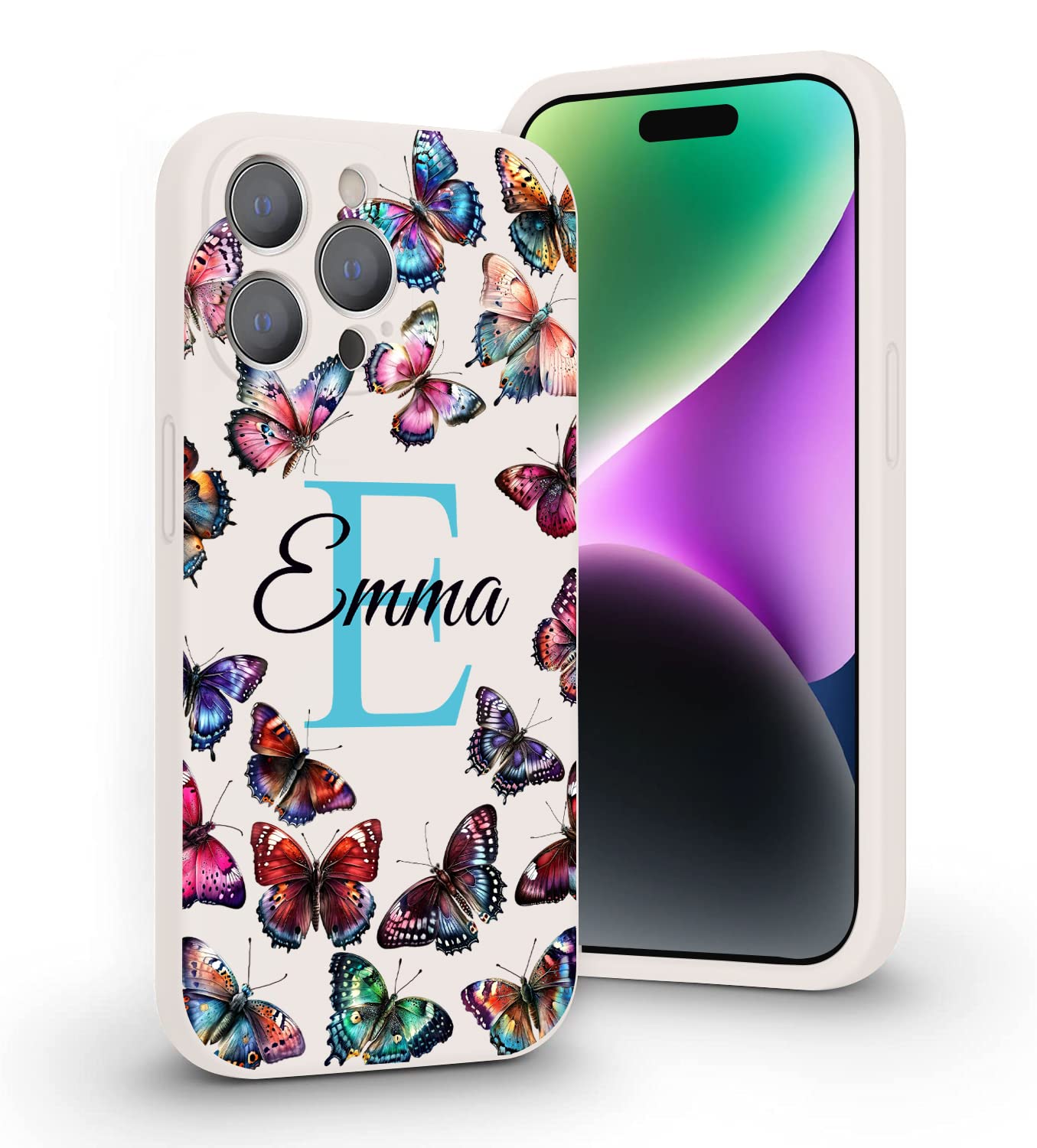 VNGDA Custom Name & Initial - Butterflies - Liquid Silicone Case for iPhone 16 Pro Max 15 14 13 12 11 Xs Max Xr SE3 8 7 6 Plus 11 Pro Mini,with Camera