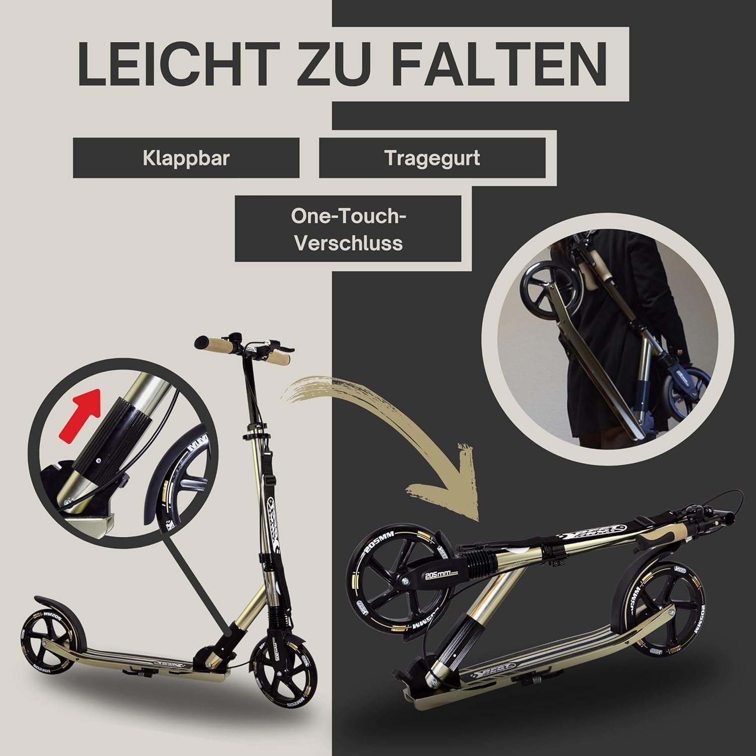 Best Sporting High End Scooter dla dorosłych, składana hulajnoga ze stojakiem, hamulcem ręcznym, dzwonkiem i paskiem do noszenia, hulajnoga miejska dla dorosłych I hulajnoga o rozmiarze rolki 205 mm