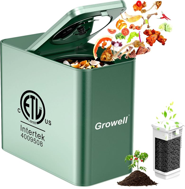 Growell Compostador eléctrico de 3,2 L, contenedor de compost interior para residuos de alimentos para encimera | Compost de cocina, pantalla LED, inodoro y de poco ruido, limpieza automática, operación con un solo toque, convierte los residuos en fertilizante rápidamente
