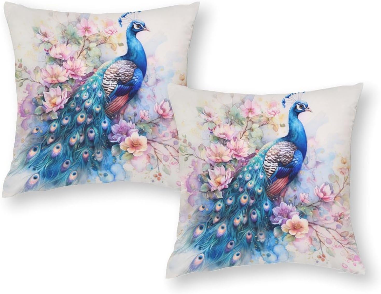 2 Packs Watercolor Peacock Throw Pillow Covers for Living Room, Colorful Floral Leaf Animal Pillow Covers Cushion Case for Couch Sofa Bed, 20x20 inch