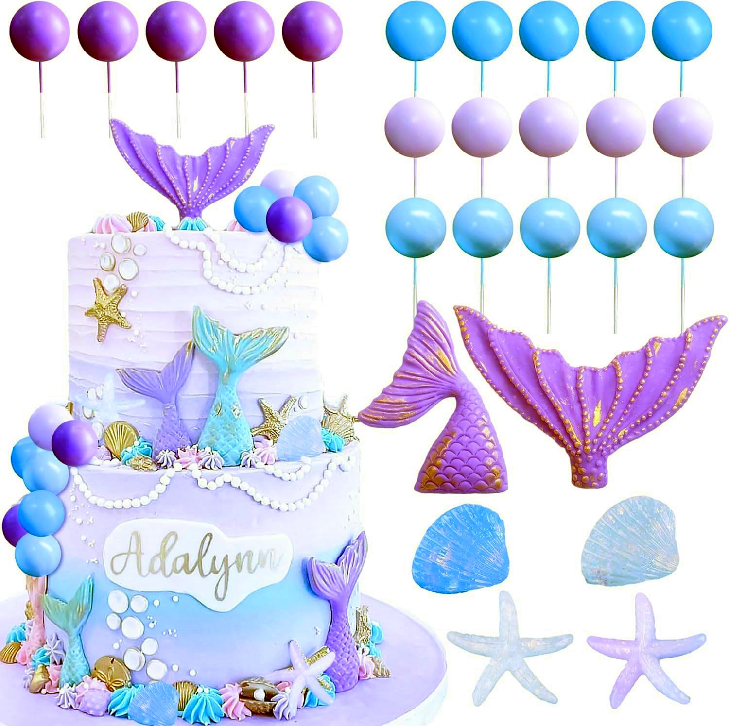 JeVenis Purple Little Mermaid Cake Topper Under the Sea Seashell Cake Decoration Mermaid Tail Party Supplies