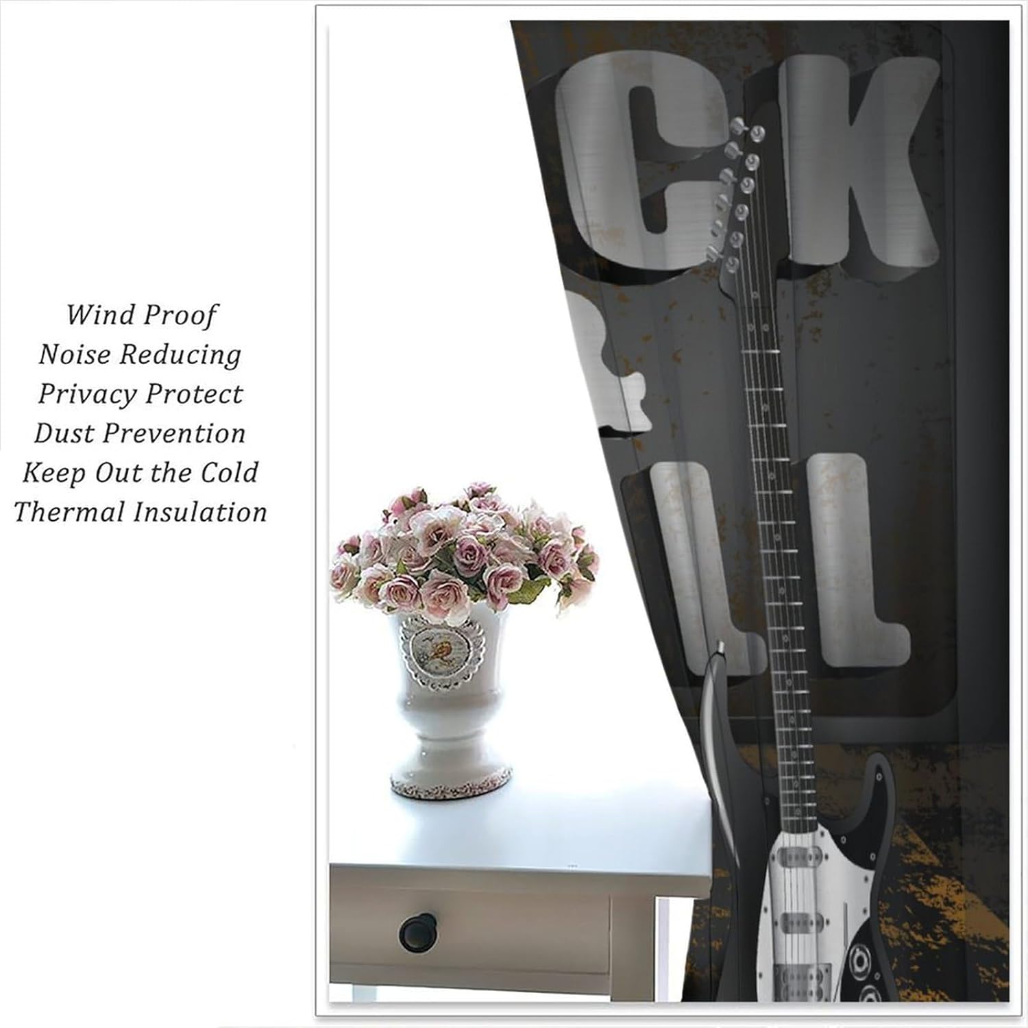 Guitar Music Curtain, Retro Band Rock Theme Boy Girl Room Decor Bedroom Living Room Rod Pocket Drapes 2 Panel Set Total Size 42" W X 45" L Inch