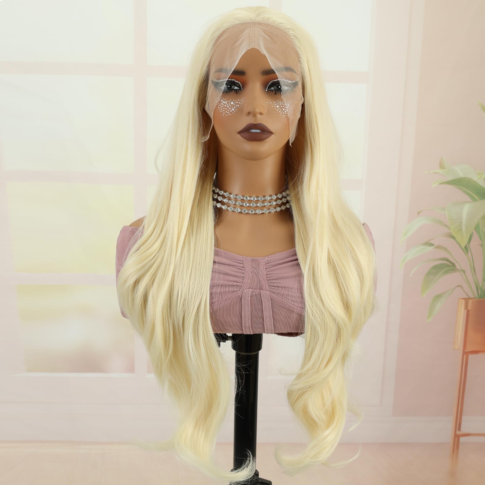 Creamily Blonde Lace Front Wig Long Wavy Synthetic Wig Silky Heat Resistant Glueless 13x3 Synthetic Lace Front Wigs Natural Hairline for Women 26 inch Blonde 613 - Image 2