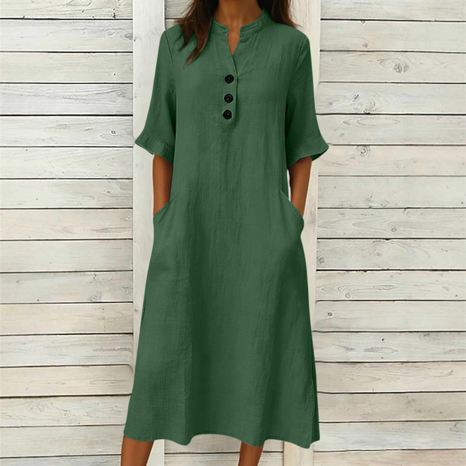 Vestito Lungo Abiti da Donna in Cotone alla Moda con Scollo a V, abbottonatura Frontale, Maniche a 3/4, Abito Estivo Midi con Tasca Abiti Donna Estivi Lunghi