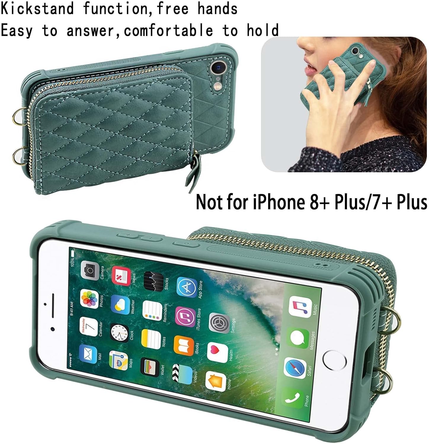 MONASAY Zipper Wallet Case Fit for iPhone SE 2022/2020/8/7, [Glass Screen Protector ][RFID Blocking] Flip Leather Handbag Phone Cover with Card Holder & Crossbody Lanyard Strap, Light Green