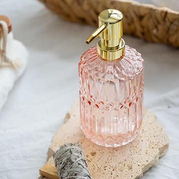 EMPO Clear Glass Soap Dispenser with ABS Plastic Pump, Crystal Lotion Dispensers for Kitchen Sink, Bathroom (Light Pink)