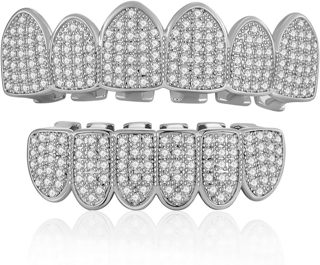 Grillz Gold Grills for Your Teeth Fake Teeth-Grilz Vampire Teeth Diamond Crystal Metal False Tooths Set 18K Gold Plated Iced Out Hip Hop Rapper Costume Gothic Halloween Vampire Bat Cosplay Party Accessories Jewelry for Men and Women
