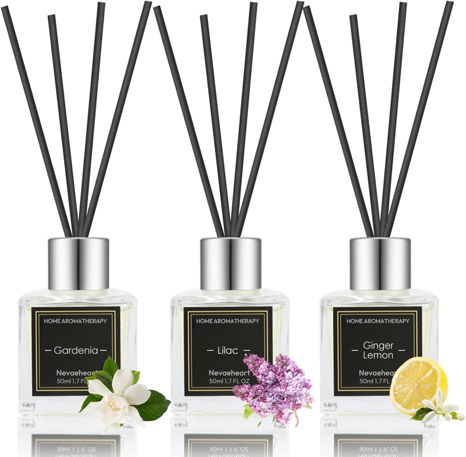 NEVAEHEART Reed Diffuser Set, Gardenia/Lilac/Lemon Ginger Scents, 1.7OZ x 3 Packs Home Fragrance Decor