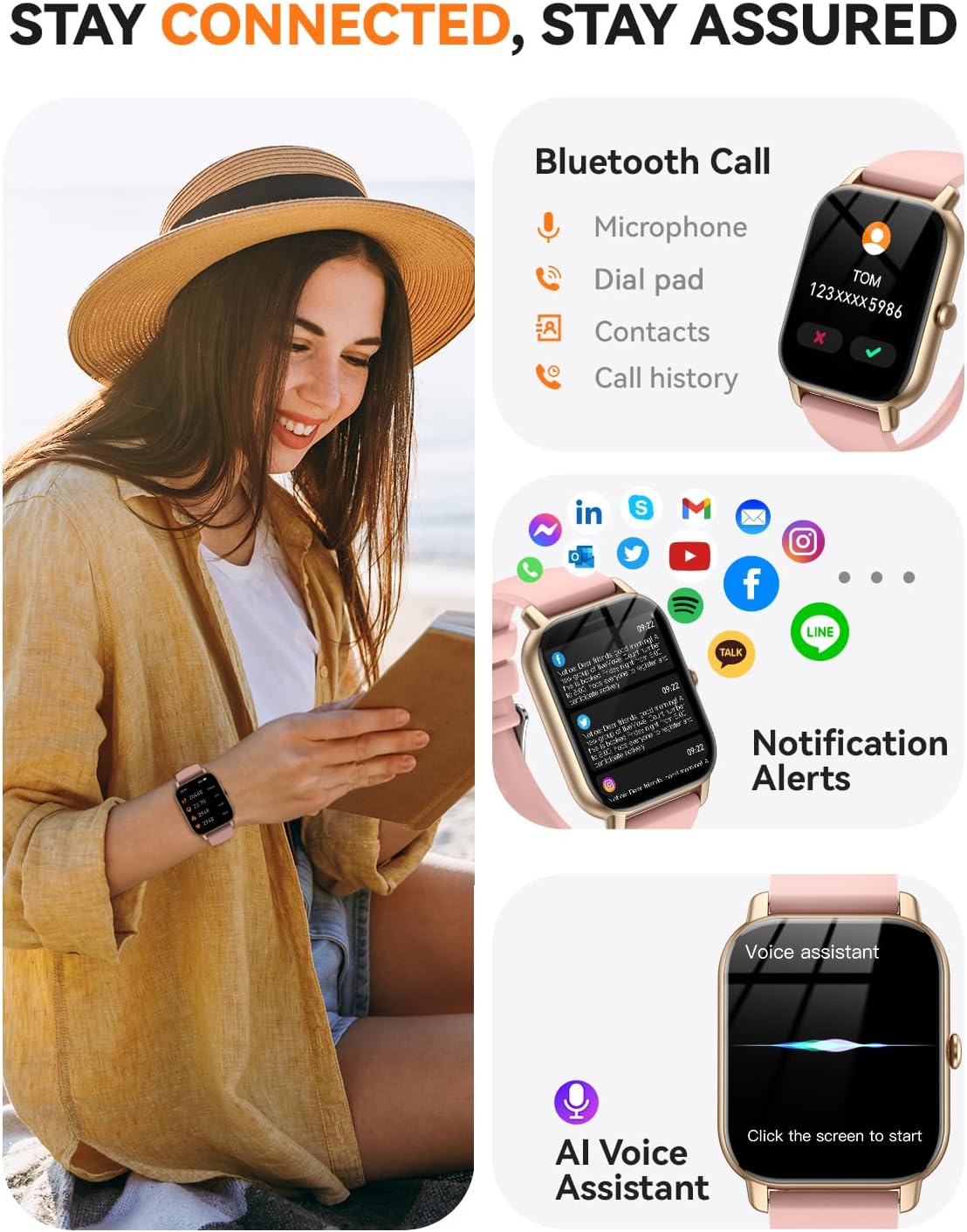 Smart Watches for Men Women(Answer/Make Call), Fitness Tracker Watch with Activity Counter/Sleep Monitor/ 110+ Sports Modes,Smart Watch for Android iPhone iOS Compatible (Pink, 1.83)