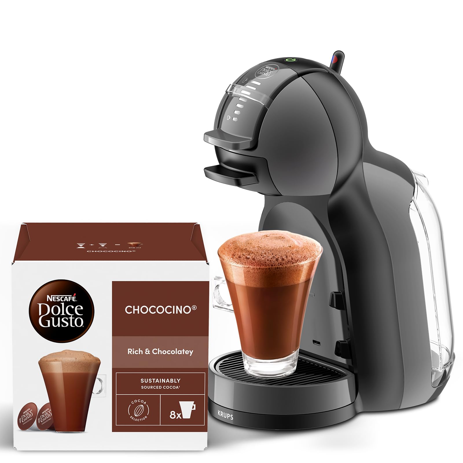 NESCAFÉ DOLCE GUSTO Krups Mini Me, Macchina per Caffè Espresso e Altre bevande in capsula, Automatica, Black and Grey + Chococino cioccolata 96 capsule