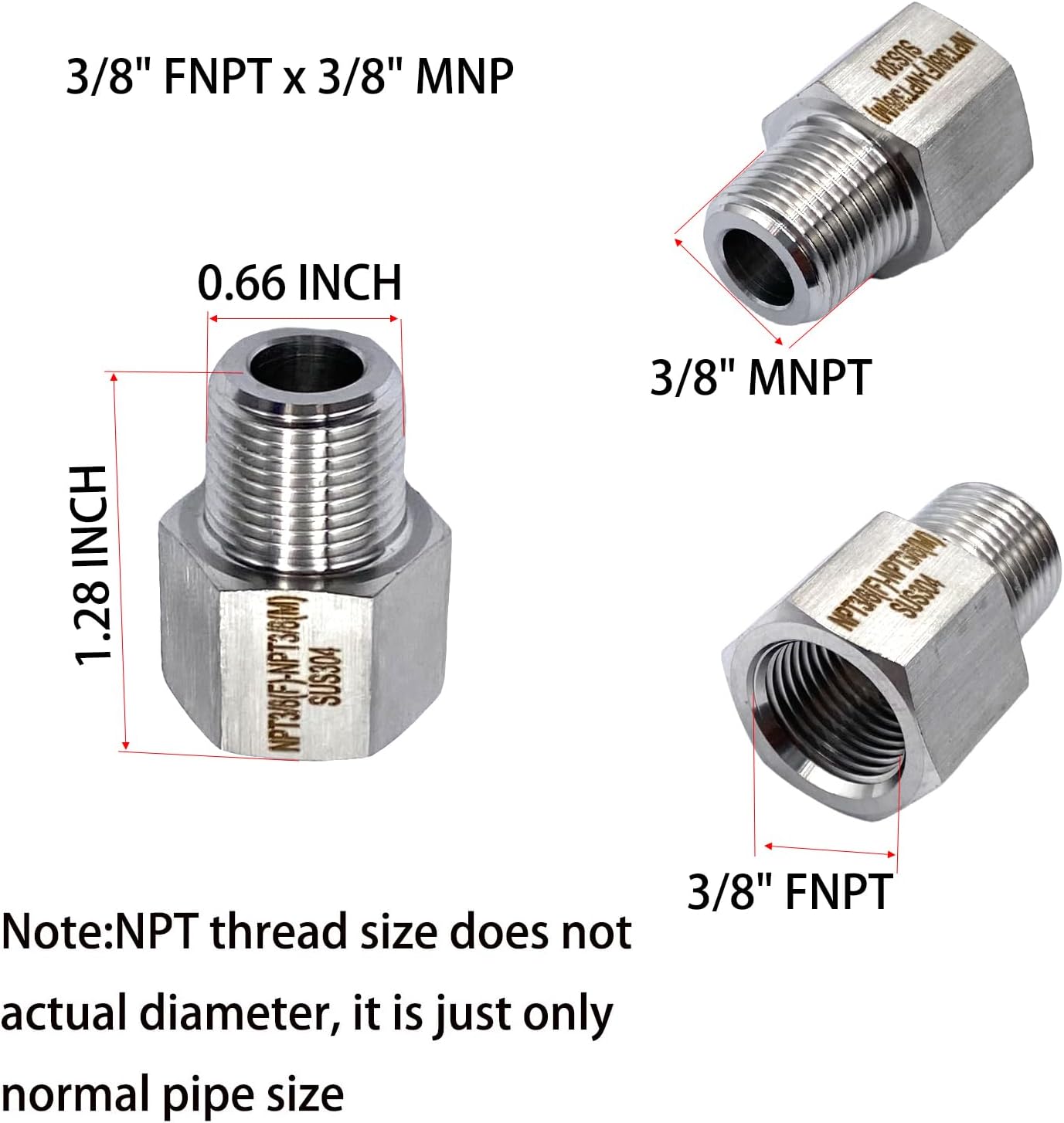 4 Pcs 3/8" FNPT x 3/8" MNPT Pipe Extension Fittings,Stainless Steel Male to Female Pipe Adapters for Water/Air/Oil Pipes, Gas,Fuel, Refrigeration,Garden Hoses, Sprinklers and Pressure Gauges