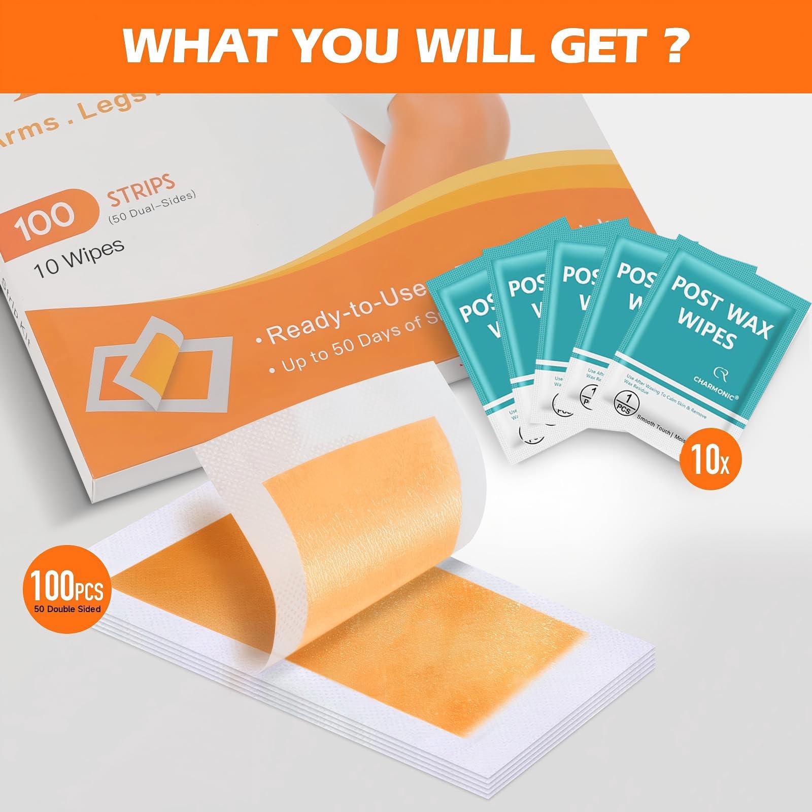 Charmonic Tiras de cera, 100 unidades, tiras de depilación, kit de depilación para cuerpo y cara, kit de depilación en casa para cejas, piernas, bikini, depilación facial para mujeres