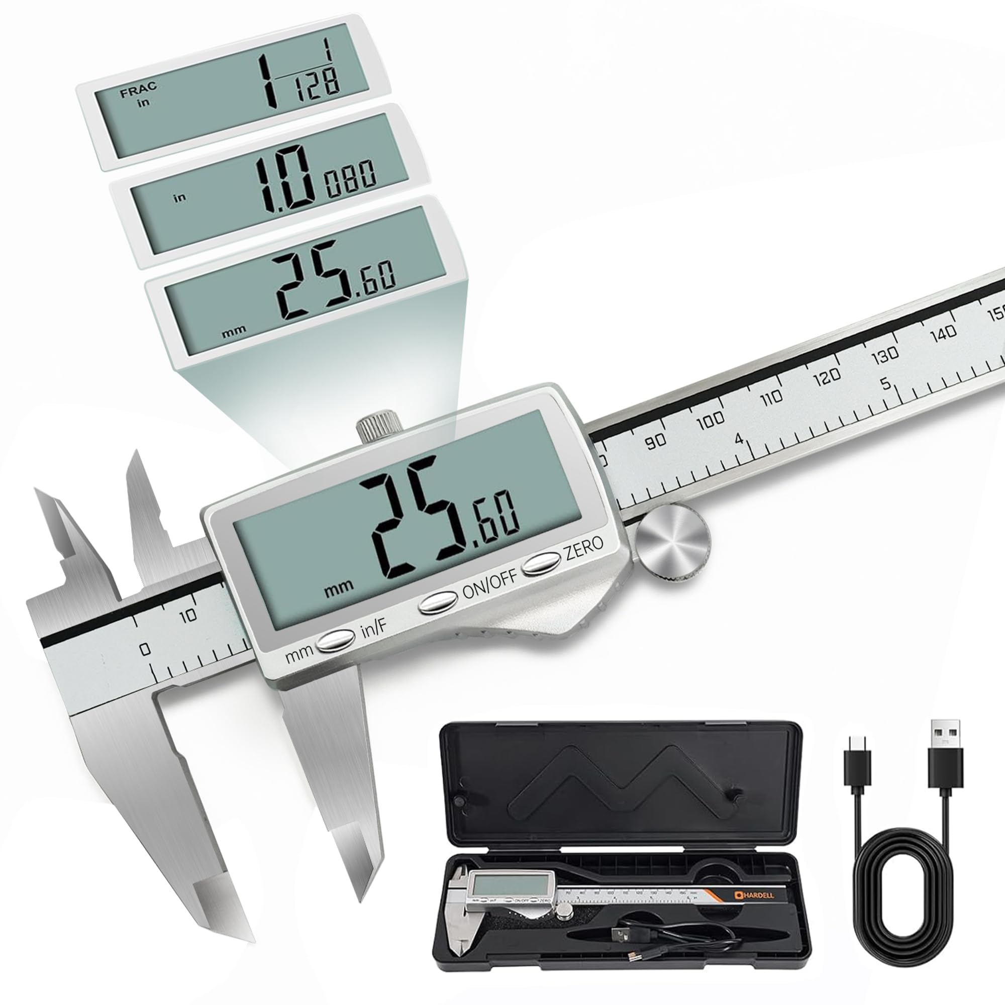 HARDELL Digital Caliper 6"/150mm, Rechargeable Stainless Steel Micrometer, Large LCD Inch/MM/Fraction, Auto-Off, Electronic Measuring Tool for Machinist Woodworking 3D Printing DIY Household