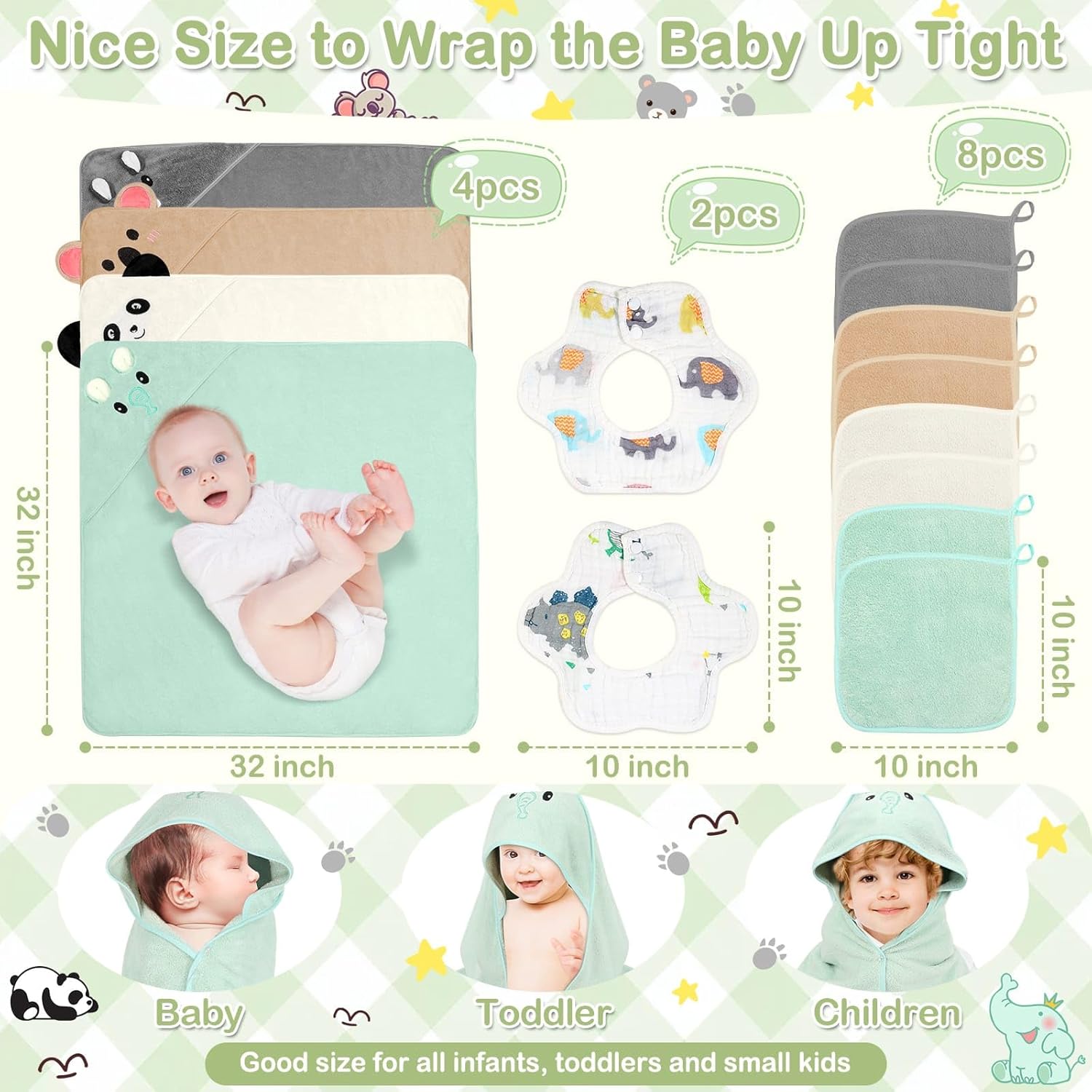 14 Pcs Baby Towels Washcloths and Baby Bibs Set, 4 Pcs 32x32 Hooded Bath Towel, 8 Pcs Baby Washcloths and 2 Pcs Cotton Baby Bibs for Newborns, Toddlers and Kids, Soft Baby Towel Set for Boys and Girls