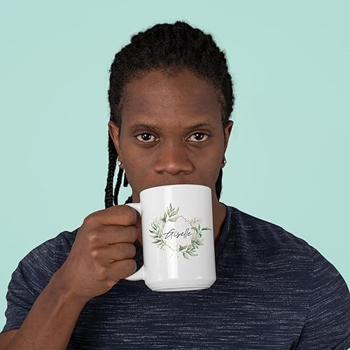 Vista 30 de Taza de cerámica blanca con monograma de letra inicial personalizada, alfabeto floral, nombre personalizado y inicial A-Z, taza de café de 11 onzas