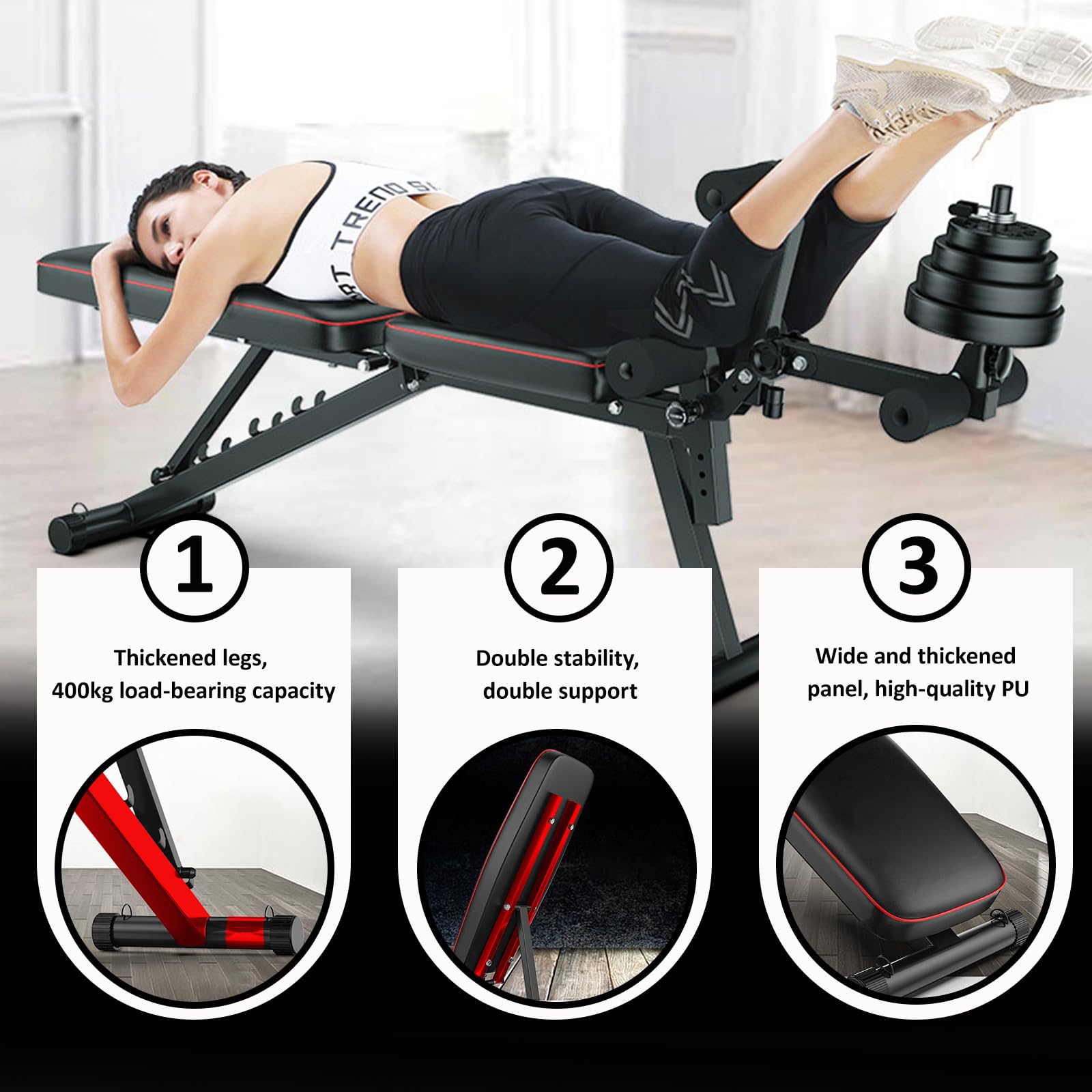 Banco Pesas Plegable Banco Pesas Capacidad de 200 kg, Estructura de Acero Gruesa y Acolchado de PU de Alta Densidad: Ideal para Gimnasio en casa, Ejercicios de Fuerza y ​​Entrenamiento de Core