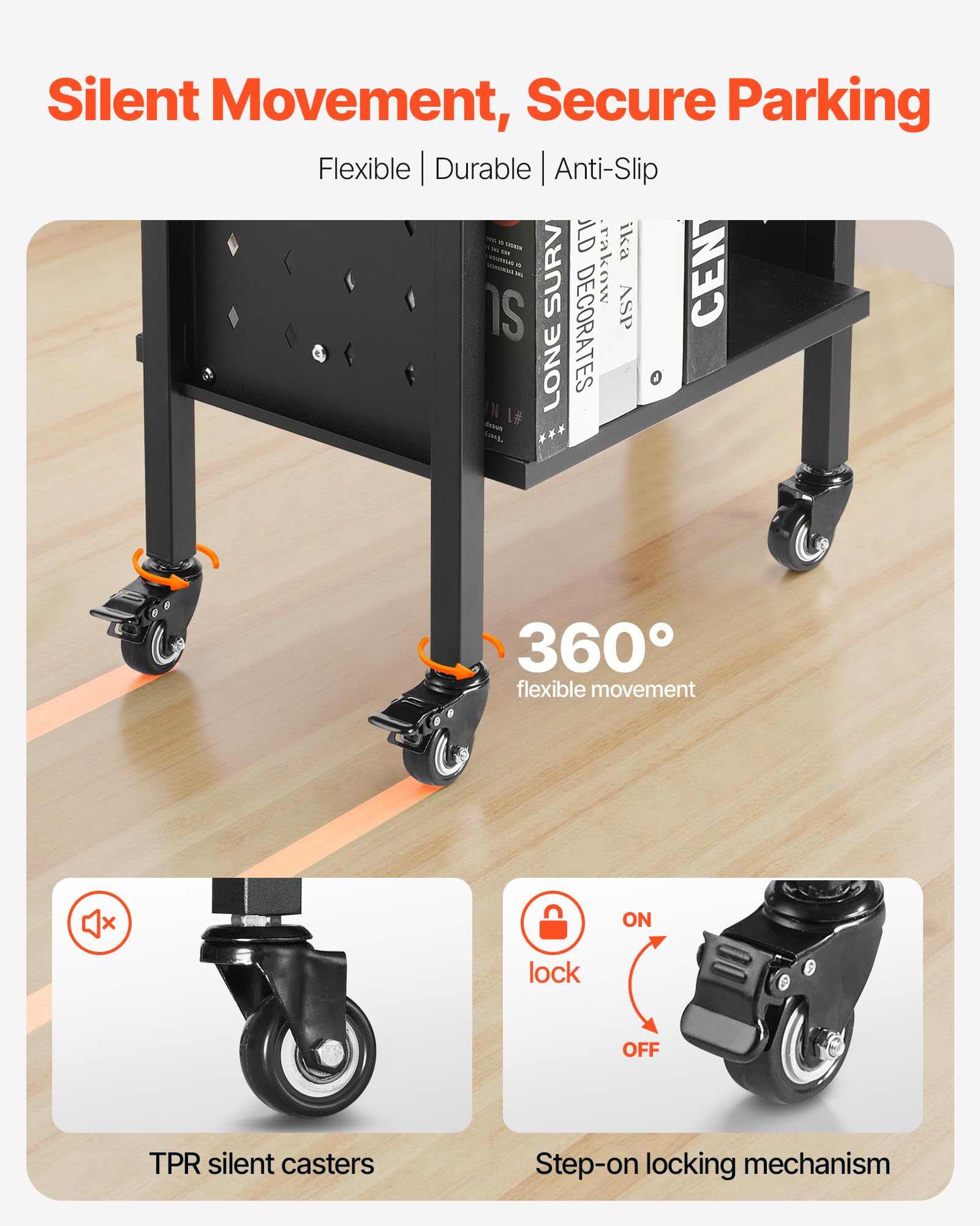 VEVOR Carro para Libros de 2 Niveles Estantería de Libros con Ruedas 45 x 33 x 88 cm Estante de Almacenamiento en Forma de L Doble Caro Carro Rodante para Biblioteca, Oficina, Escuela, Negro