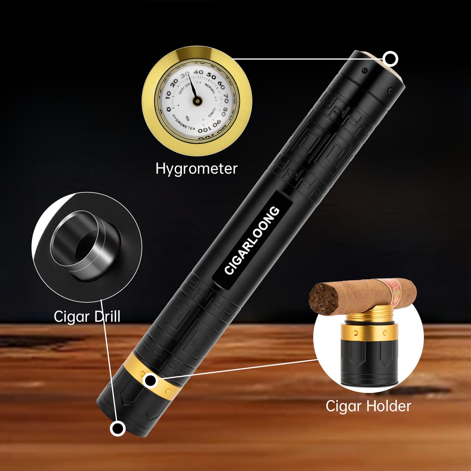 Zigarrenetui 3-in-1 Edelstahl Zigarrenrohr mit Hygrometer, Zigarrenpunsch und Zigarrenhalter, langlebiger Zigarrenkoffer für Outdoor-Reise-tragbare Lagerung (schwarz)