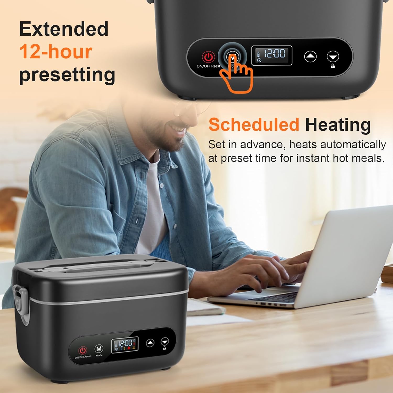 Electric Lunch Box for Men, 1.2L Cordless Heated Lunch Box, 24000mAh Rechargeable Portable Food Warmer with Auto Temperature Control, 5-Sided Heating, Leakproof, for Office, Outdoors & Truck, Black