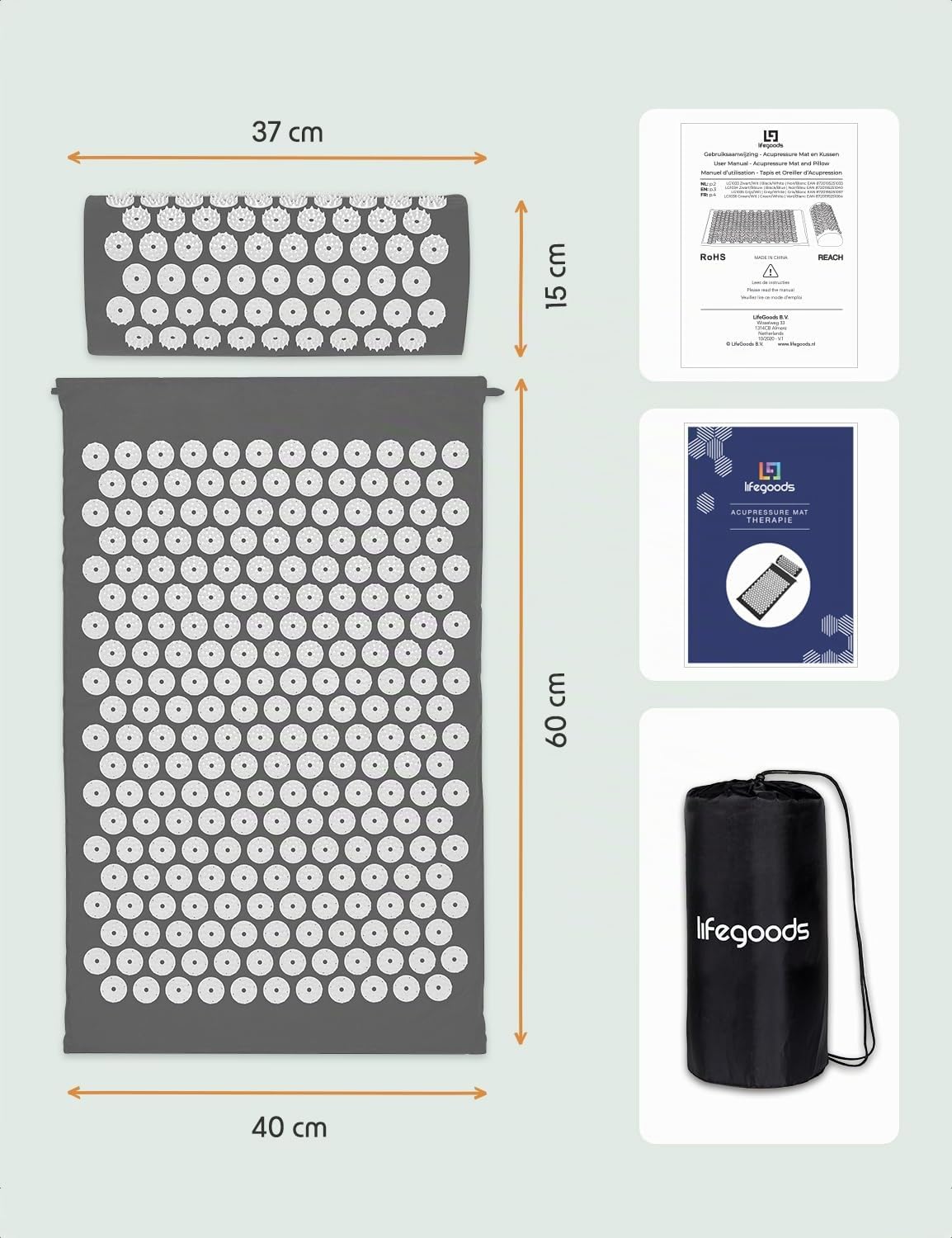 LifeGoods Tappetino Agopressione - Eco - Tappetino Massaggiante Corpo - Tappeto Agopressione - Mysa Tappetino Svedese - Mysa - Sfere da Massaggio e Borsa - Bianco e Grigio