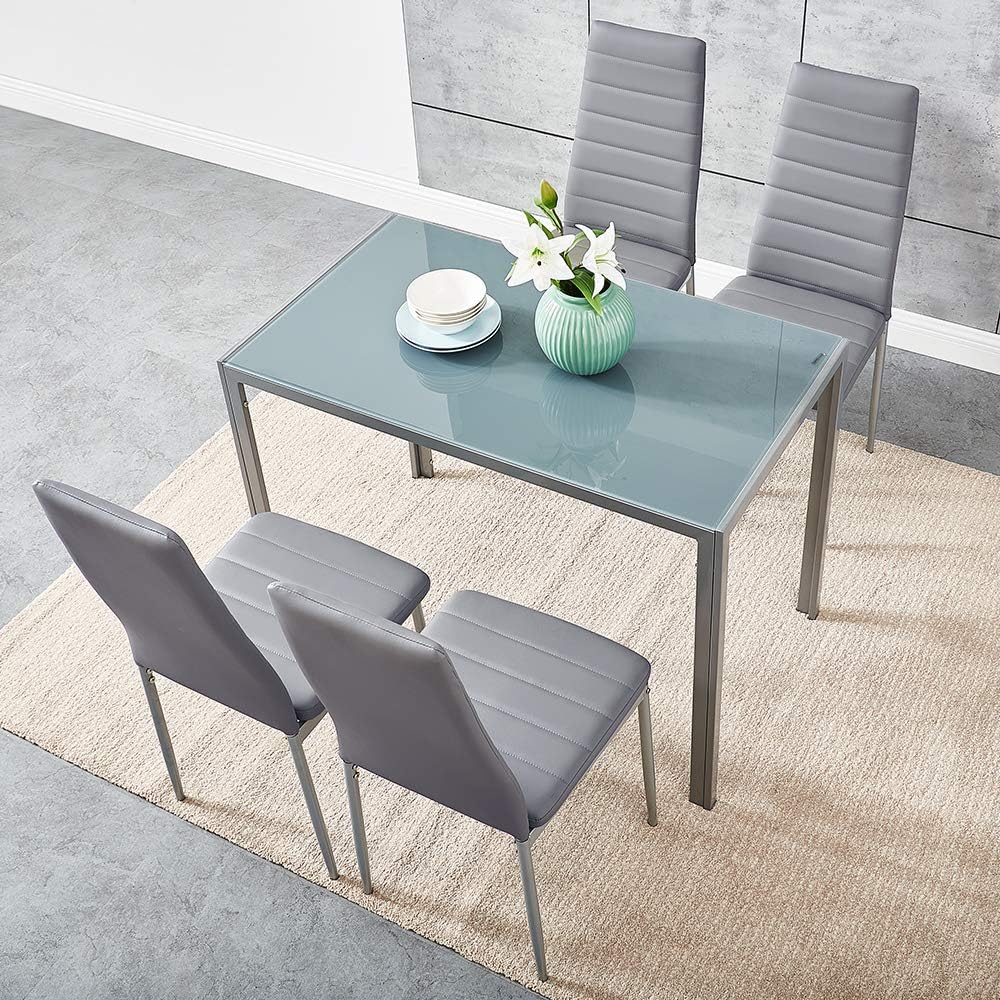 Panana 5PCS Modern Glass Dinning Table with 4 Faux Matte Suede Leather Dining Chairs Dining Room