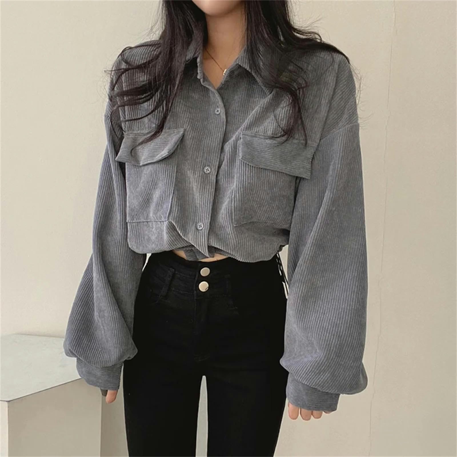 Camicia Camicie Casual di Velluto A Coste per Tasche Femminile Camicetta Femmina Manica Lunga Donna da Donna da Donna-Cachi-S