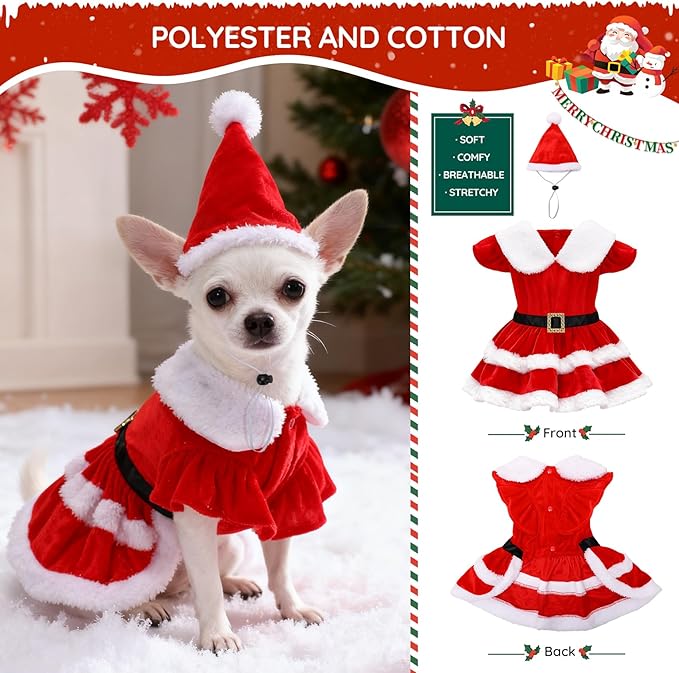 Vestido Navideño para Perro Santa Claus Rojo de Terciopelo con Gorro miniatura 2