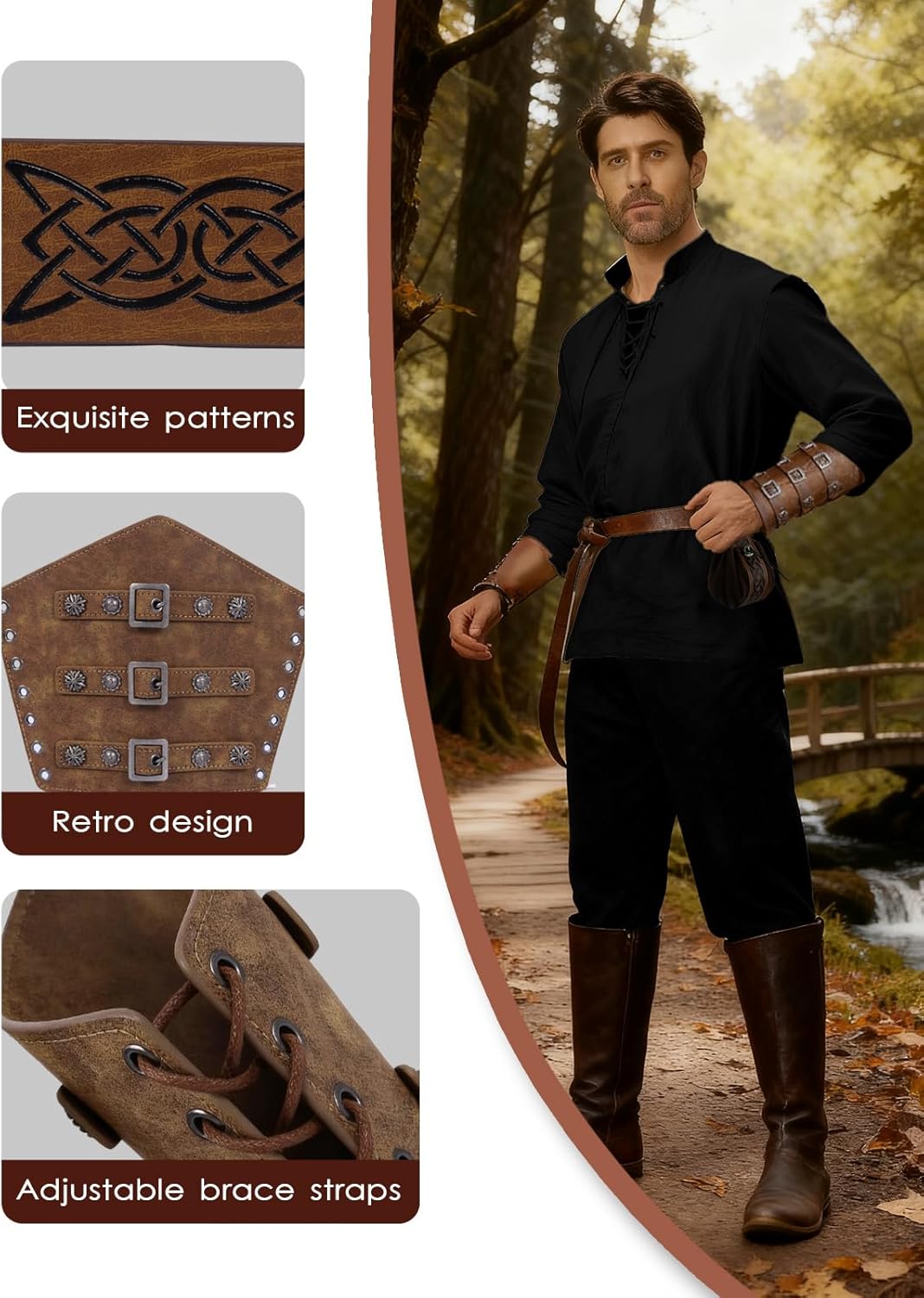 Renaissance Medieval Costume for Men - Pirate Viking Costume 7 Pcs Set, Medieval Cosplay Halloween Outfit - Image 4