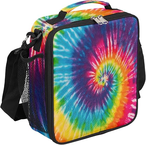 Lonchera con diseño de remolinos con diseño de teñido anudado para niños, bolsa de almuerzo aislada con geometría arcoíris para niños y niñas,