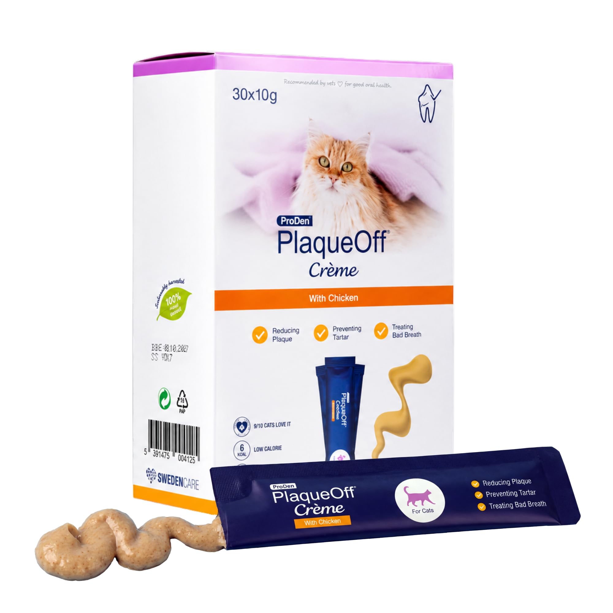 ProDen PlaqueOff Crème for Cats – Clinically Proven Dental Care, Helps Remove Plaque, Tartar, & Bad Breath - Low-Calorie Lickable Oral Care - 30 Chicken Flavour Pouches