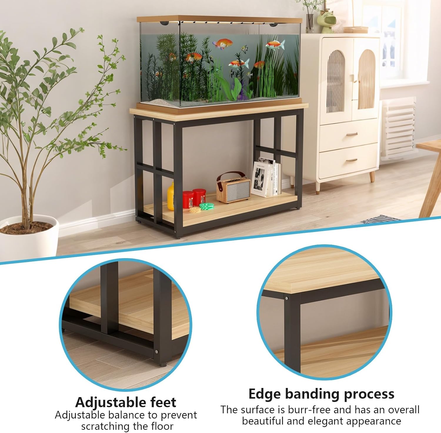 2-Tier Fish Tank Stand with Storage, Metal Frame Aquarium Stand with Adjustable Feet Reptile Tank Rack for Home Office(Black,40x35x70cm)